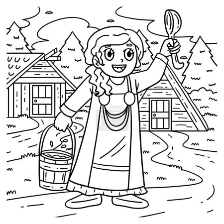 Illustration for A cute and funny coloring page of a Viking with Bucket of Milk. Provides hours of coloring fun for children. To color, this page is very easy. Suitable for little kids and toddlers. - Royalty Free Image
