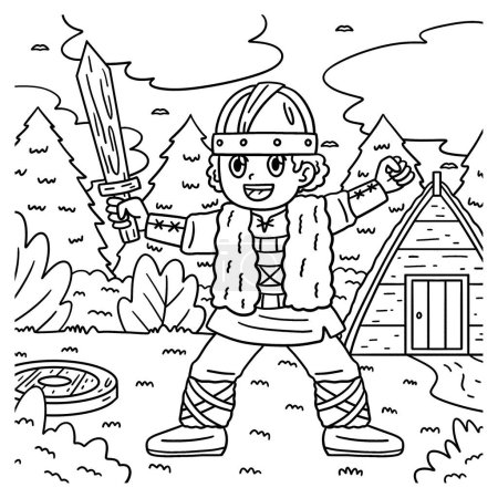 Illustration for A cute and funny coloring page of a Viking Child with Wooden Sword. Provides hours of coloring fun for children. To color, this page is very easy. Suitable for little kids and toddlers. - Royalty Free Image
