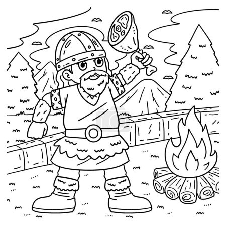 Illustration for A cute and funny coloring page of a Viking Eating Meat. Provides hours of coloring fun for children. To color, this page is very easy. Suitable for little kids and toddlers. - Royalty Free Image