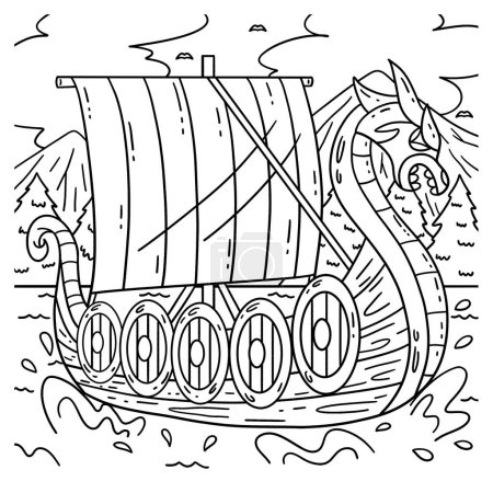 Illustration for A cute and funny coloring page of a Viking Ship. Provides hours of coloring fun for children. To color, this page is very easy. Suitable for little kids and toddlers. - Royalty Free Image