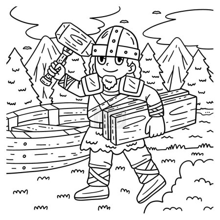 Illustration for A cute and funny coloring page of a Viking with Wood Planks. Provides hours of coloring fun for children. To color, this page is very easy. Suitable for little kids and toddlers. - Royalty Free Image