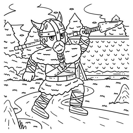 Illustration for A cute and funny coloring page of a Viking Carrying Spear. Provides hours of coloring fun for children. To color, this page is very easy. Suitable for little kids and toddlers. - Royalty Free Image