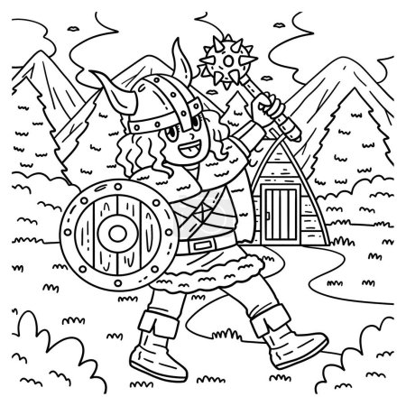 Illustration for A cute and funny coloring page of a Viking with Mace and Shield. Provides hours of coloring fun for children. To color, this page is very easy. Suitable for little kids and toddlers. - Royalty Free Image