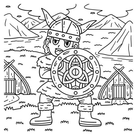 Illustration for A cute and funny coloring page of a Viking with a Shield. Provides hours of coloring fun for children. To color, this page is very easy. Suitable for little kids and toddlers. - Royalty Free Image