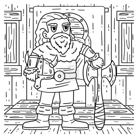 Illustration for A cute and funny coloring page of a Viking Holding an Axe and Helmet. Provides hours of coloring fun for children. To color, this page is very easy. Suitable for little kids and toddlers. - Royalty Free Image