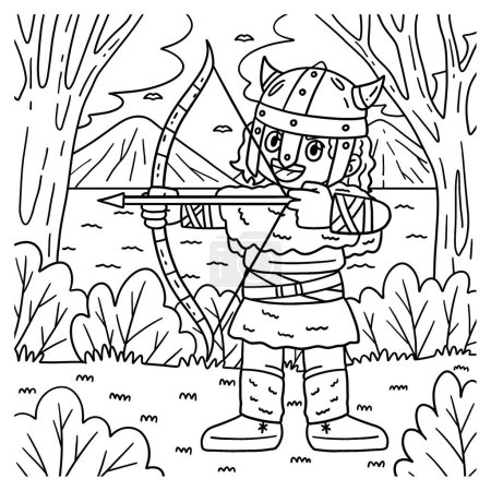 Illustration for A cute and funny coloring page of a Viking with a Bow and Arrow. Provides hours of coloring fun for children. To color, this page is very easy. Suitable for little kids and toddlers. - Royalty Free Image