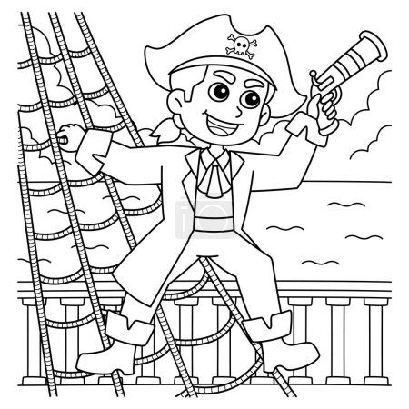 Illustration for A cute and funny coloring page of a Pirate on a Rope Ladder. Provides hours of coloring fun for children. To color, this page is very easy. Suitable for little kids and toddlers. - Royalty Free Image