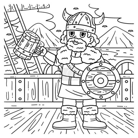 Illustration for A cute and funny coloring page of a Viking Drinking Mead. Provides hours of coloring fun for children. To color, this page is very easy. Suitable for little kids and toddlers. - Royalty Free Image
