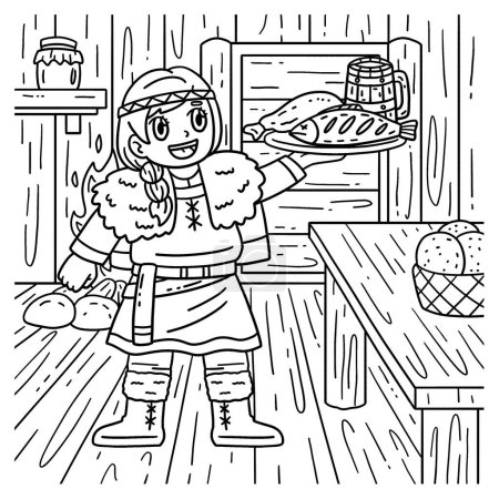 Ilustración de Una página para colorear lindo y divertido de un vikingo sirviendo una comida. Proporciona horas de diversión para colorear para los niños. Para colorear, esta página es muy fácil. Apto para niños pequeños y niños pequeños. - Imagen libre de derechos