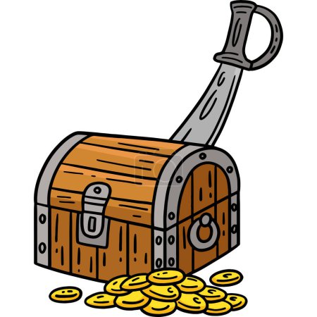 This cartoon clipart shows a Pirate Treasure Chests and Cutlass illustration.