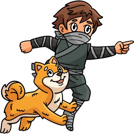 Este clipart de dibujos animados muestra una ilustración Ninja y Shiba Inu. 