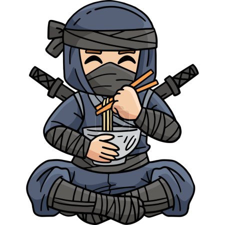 This cartoon clipart shows a Ninja Eating Ramen illustration. 