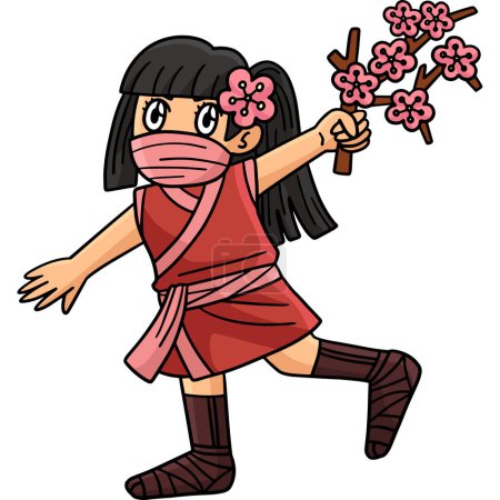 Este clipart de dibujos animados muestra a un Ninja Kunoichi con una ilustración de Sakura Branch. 