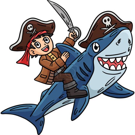This cartoon clipart shows a Pirate and Shark illustration.