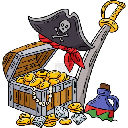 This cartoon clipart shows a Pirate Treasure, Hat, and Cutlass illustration.