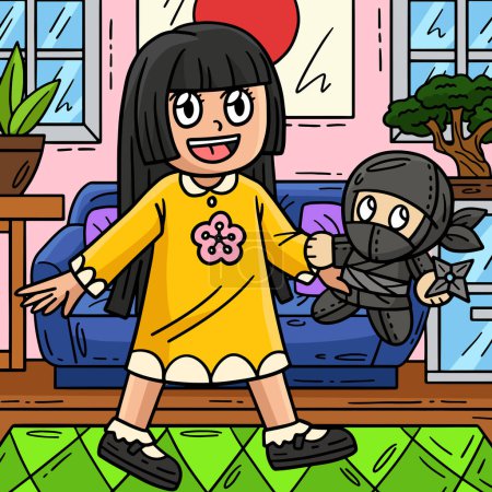 This cartoon clipart shows a Child with a Ninja Plushie illustration.