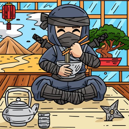Este clip de dibujos animados muestra una ilustración de Ninja Eating Ramen.
