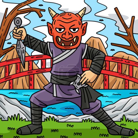 Dieser Cartoon-Clip zeigt einen Ninja, der Oni-Maske trägt.