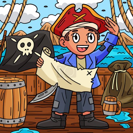 Este clipart de dibujos animados muestra a un pirata con una ilustración del mapa del tesoro. 