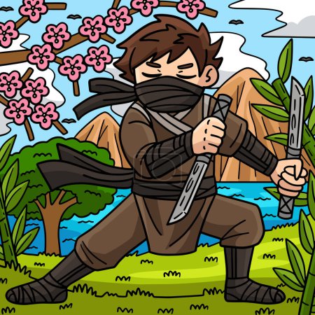 Téléchargez les illustrations : Ce clipart de bande dessinée montre un Ninja avec une illustration Ninjato. - en licence libre de droit