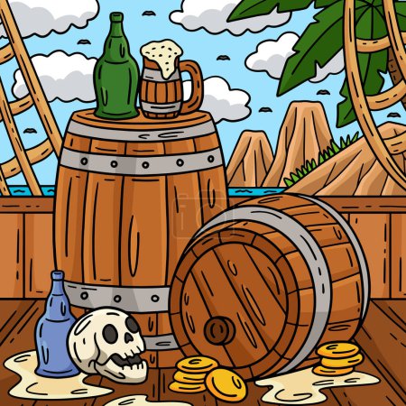 Este clipart de dibujos animados muestra una ilustración de Ron y Barriles Piratas. 