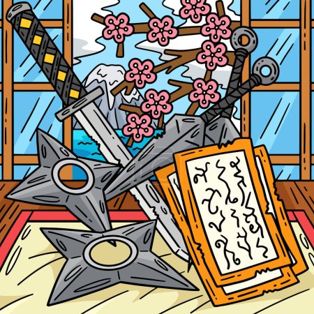 Téléchargez les illustrations : Ce clipart de bande dessinée montre une illustration Ninja Tools. - en licence libre de droit