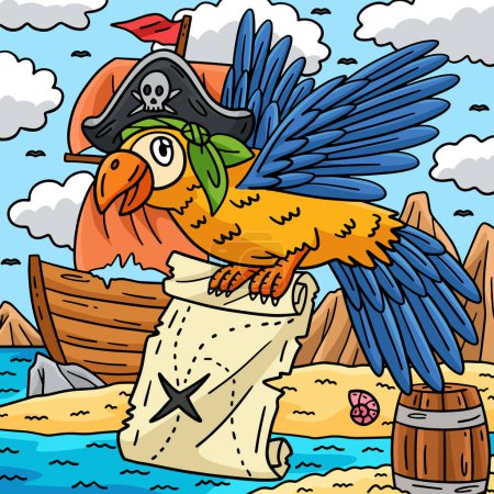 Este clipart de dibujos animados muestra un loro pirata con una ilustración de mapa. 