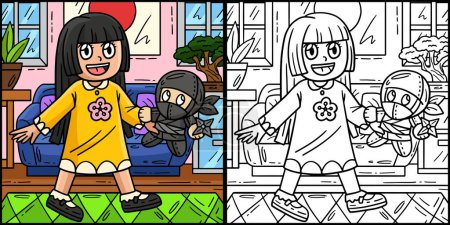 This coloring page shows a Child with Ninja Plushie. One side of this illustration is colored and serves as an inspiration for children.