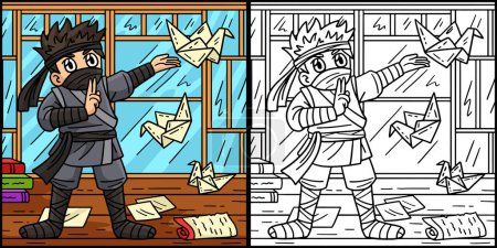 Esta página para colorear muestra un Ninja con Origami. Un lado de esta ilustración es de color y sirve como inspiración para los niños.