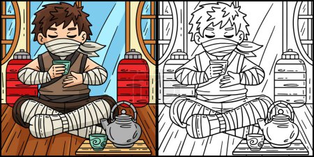 Diese Malseite zeigt einen Ninja, der Tee trinkt. Eine Seite dieser Illustration ist farbig und dient Kindern als Inspiration.