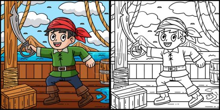 Cette page à colorier montre un Pirate Holding Cutlass. Un côté de cette illustration est coloré et sert d'inspiration pour les enfants.