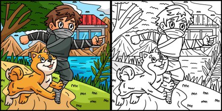 Diese Malseite zeigt einen Ninja und Shiba Inu. Eine Seite dieser Illustration ist farbig und dient Kindern als Inspiration.