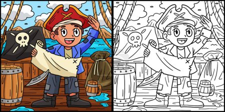 Cette page à colorier montre un pirate avec une carte au trésor. Un côté de cette illustration est coloré et sert d'inspiration pour les enfants.