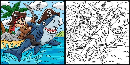 Diese Malseite zeigt einen Piraten und einen Hai. Eine Seite dieser Illustration ist farbig und dient Kindern als Inspiration.