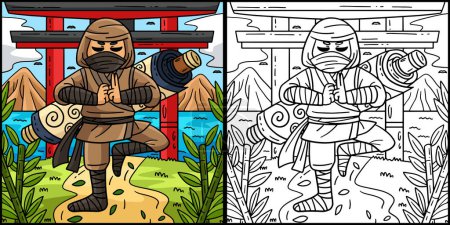 Esta página para colorear muestra un Ninja con un desplazamiento en la parte posterior. Un lado de esta ilustración es de color y sirve como inspiración para los niños.