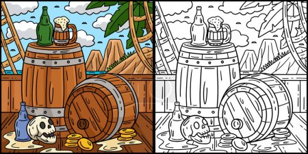 Esta página para colorear muestra un ron pirata y barriles. Un lado de esta ilustración es de color y sirve como inspiración para los niños.