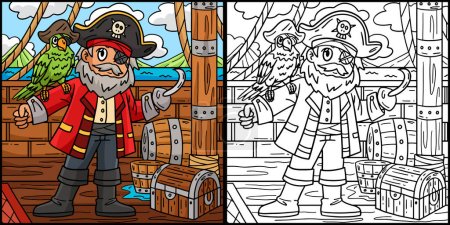 This coloring page shows a Pirate Captain with a Parrot. One side of this illustration is colored and serves as an inspiration for children.