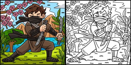 Téléchargez les illustrations : Cette page à colorier montre un Ninja avec Ninjato. Un côté de cette illustration est coloré et sert d'inspiration pour les enfants. - en licence libre de droit