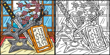 This coloring page shows Ninja Tools. One side of this illustration is colored and serves as an inspiration for children.