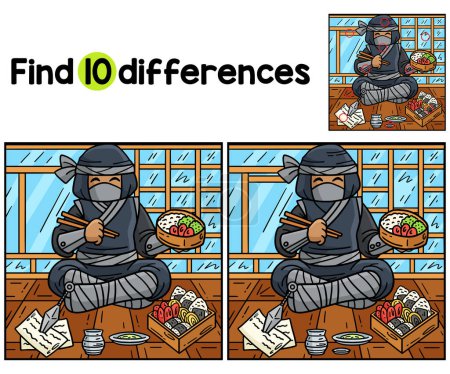 Find or spot the differences on this Ninja Eating Bento kids activity page. A funny and educational puzzle-matching game for children.