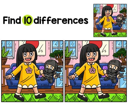 Find or spot the differences on this Child with a Ninja Plushie kids activity page. A funny and educational puzzle-matching game for children.
