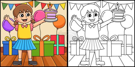 This coloring page shows a Girl Holding a Happy Birthday Cake. One side of this illustration is colored and serves as an inspiration for children.