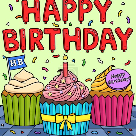 This cartoon clipart shows a Happy Birthday Cupcakes illustration.