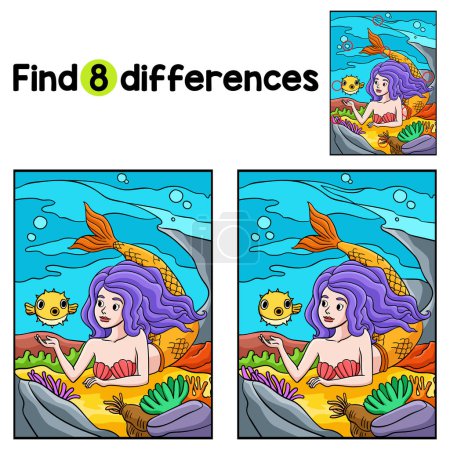 Find or spot the differences on this Mermaid and Pufferfish kids activity page. A funny and educational puzzle-matching game for children.