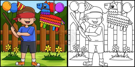 Ilustración de Esta página para colorear muestra a un niño feliz cumpleaños con piñata. Un lado de esta ilustración es de color y sirve como inspiración para los niños. - Imagen libre de derechos