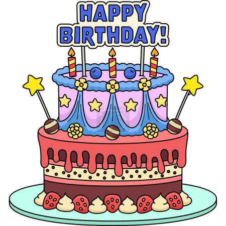 Ilustración de Este clip de dibujos animados muestra una ilustración de pastel de cumpleaños feliz. - Imagen libre de derechos
