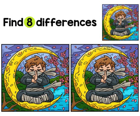Find or spot the differences between this Ninja and Crescent Moon. kids activity page. A funny and educational puzzle-matching game for children.