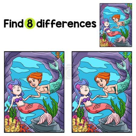 Finden oder finden Sie die Unterschiede auf dieser Mermaid and a Merman kids activity page. Ein lustiges und lehrreiches Puzzlespiel für Kinder.