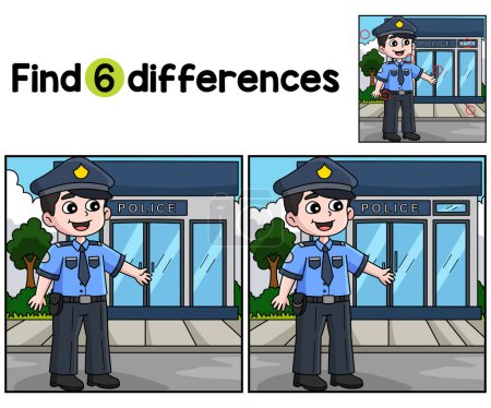 Téléchargez les illustrations : Trouvez ou repérez les différences sur cette page d'activité Happy Policeman Kids. Un jeu de puzzle amusant et éducatif pour les enfants. - en licence libre de droit