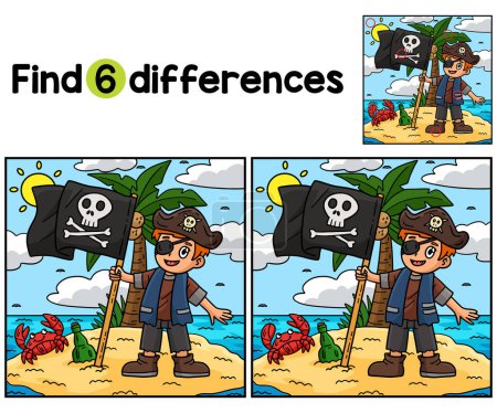 Find or spot the differences on this Pirate and Skull Flag kids activity page. A funny and educational puzzle-matching game for children.